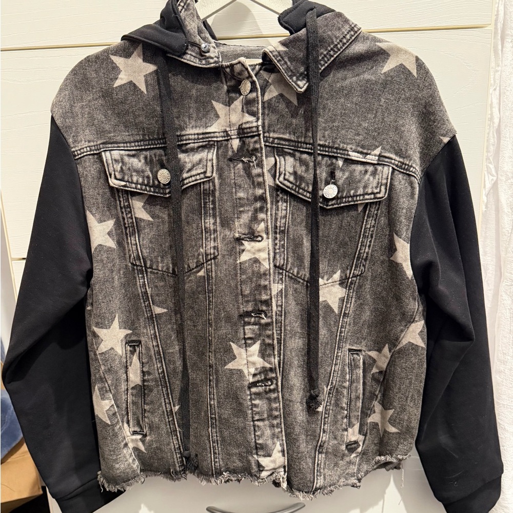 Blue Buttercup Denim/Hoodie Star Jacket | Grey and Black| Removable Hood |